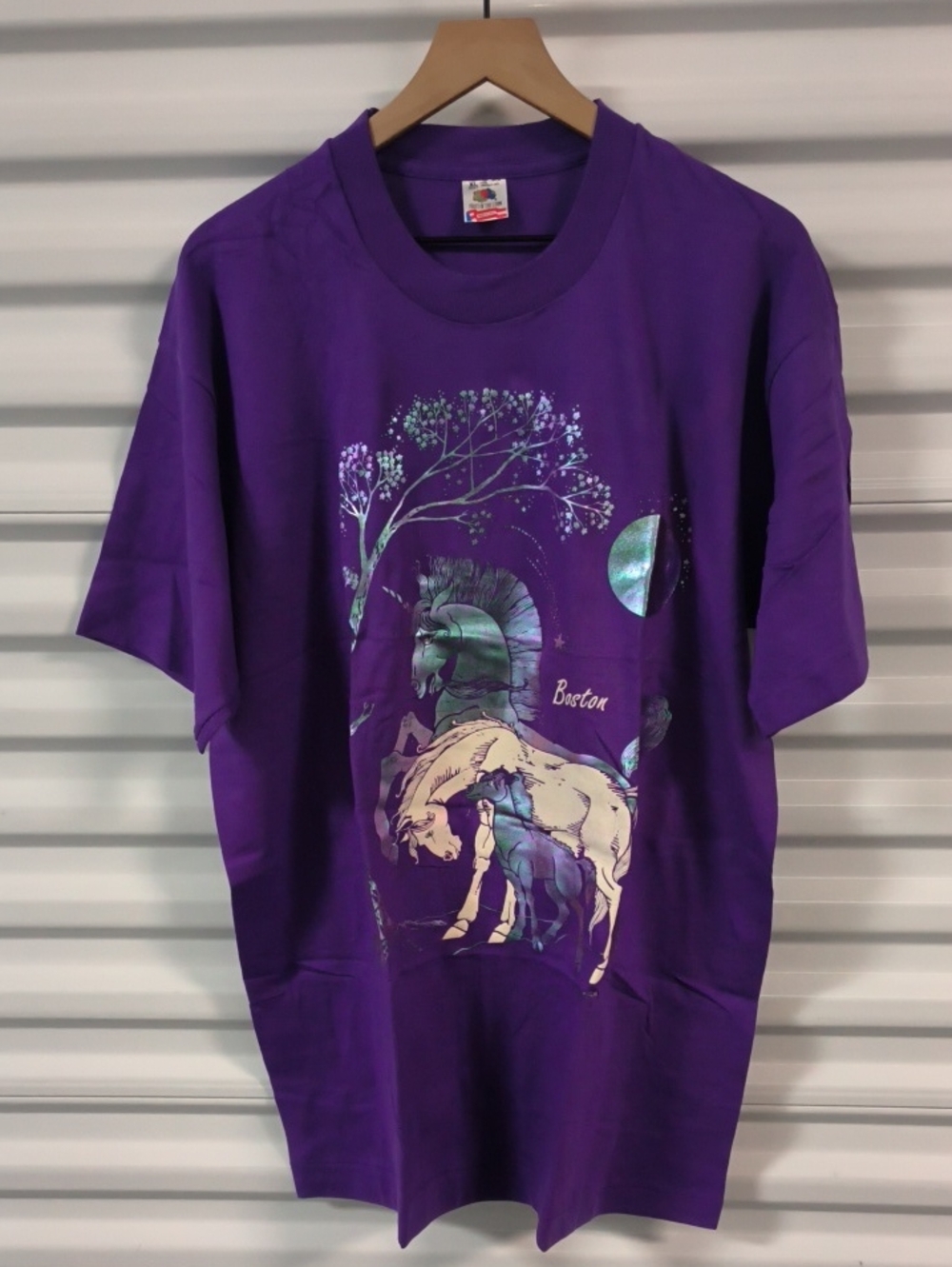 Vtg Boston Unicorn Sequins Graphic Single Stitch Crewneck Short Sleeve T-shirt L